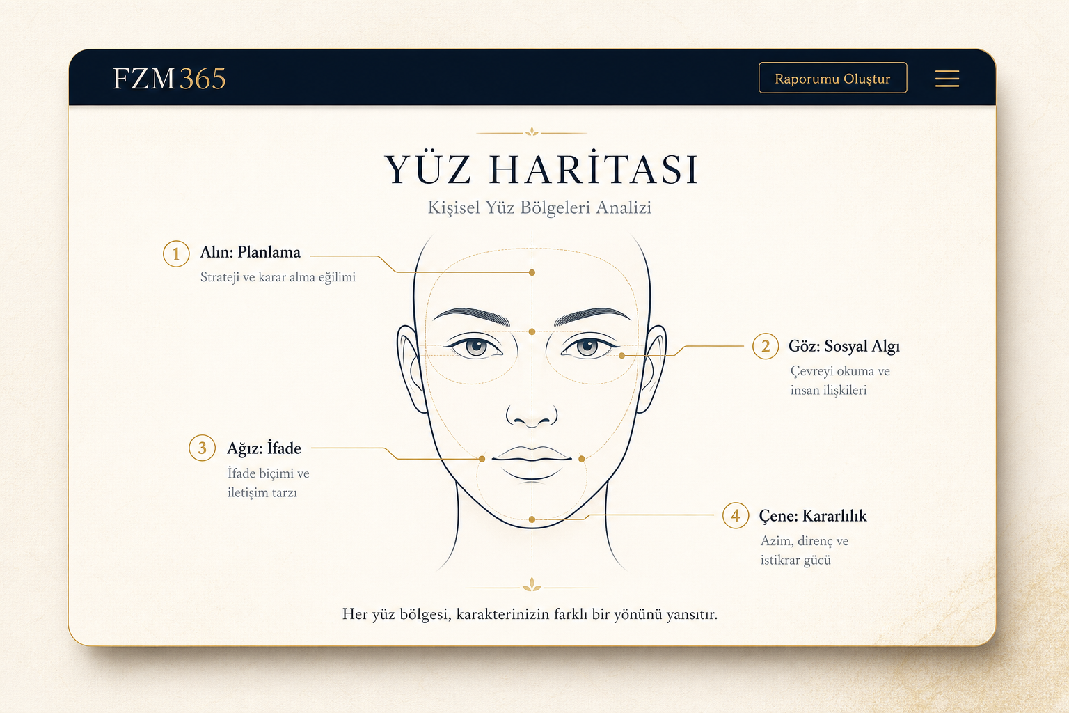 FZM365 yüz haritası: alın, göz, ağız ve çene bölgelerine göre kişisel analiz önizlemesi
